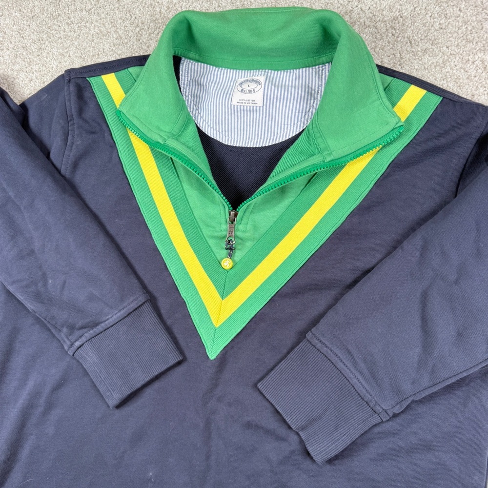 Brooks Brothers Pullover Mens L Navy Green Yellow V-Neck Quarter Zip Sweatshirt
